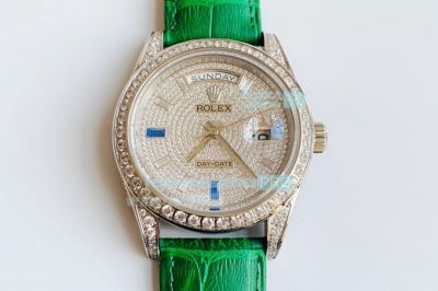 Swiss Replica Rolex Day-Date 41MM Diamonds Watch Stainless Steel Green Leather Strap